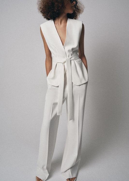 Lace White Neck And Waistcoat V Up Two Spandex Italian Pants