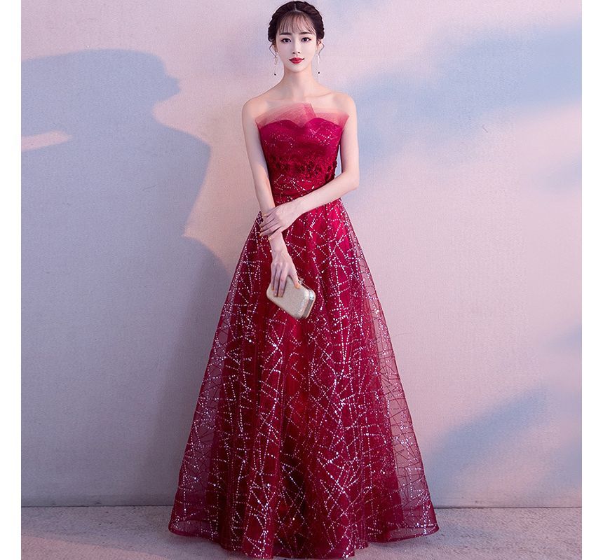 Strapless Glitter Mesh Maxi Evening Gown