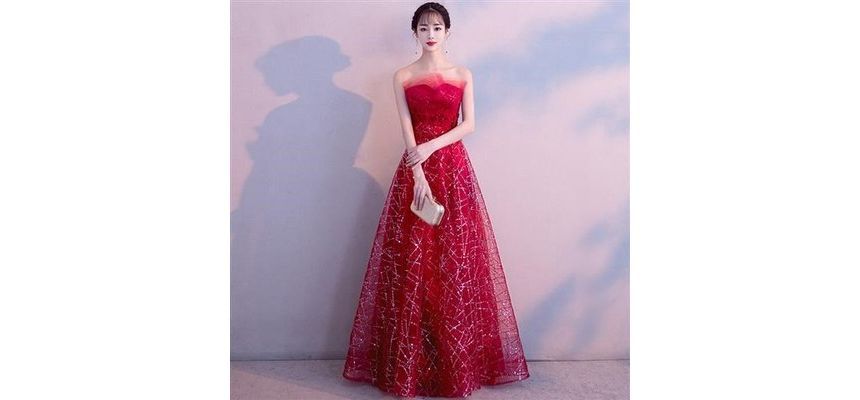 Strapless Glitter Mesh Maxi Evening Gown