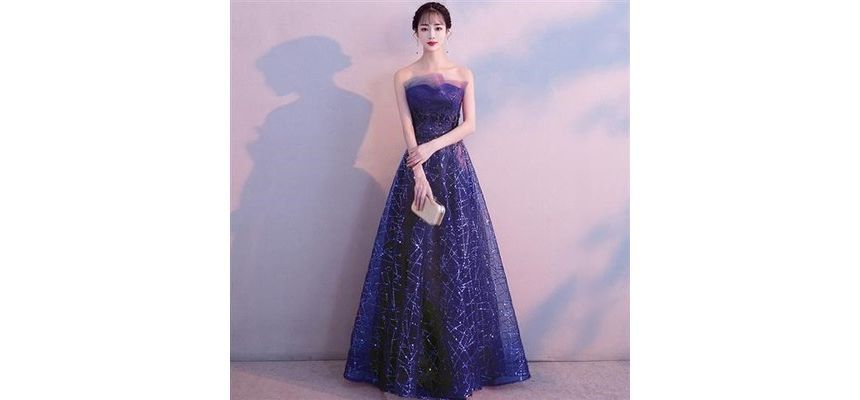 Strapless Glitter Mesh Maxi Evening Gown