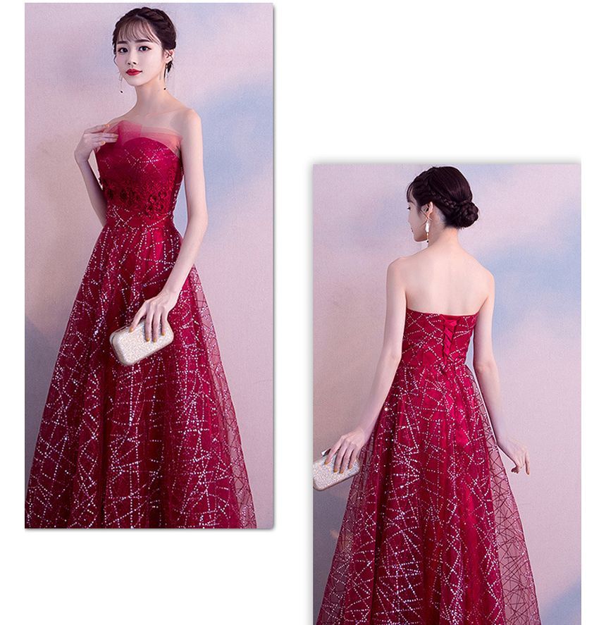 Strapless Glitter Mesh Maxi Evening Gown