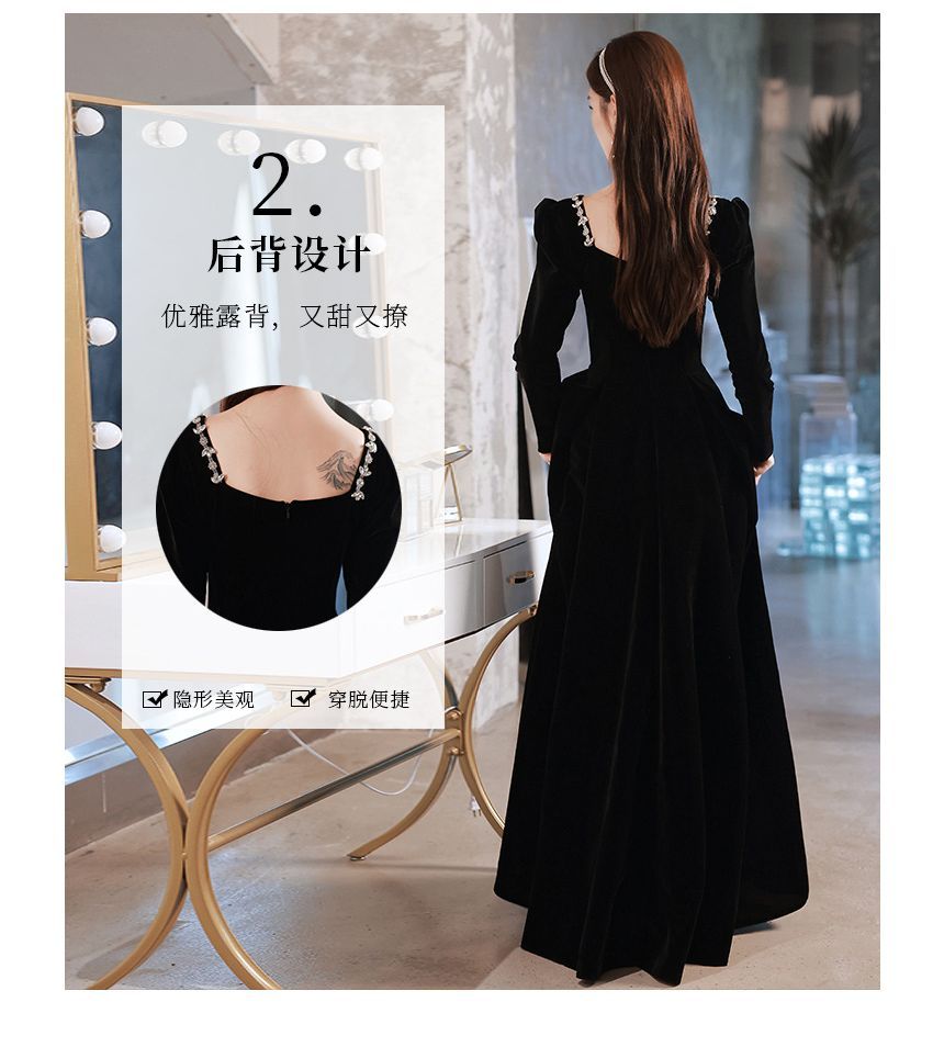 Long-Sleeve Square Neck Rhinestone A-Line Evening Gown / Cocktail Dress