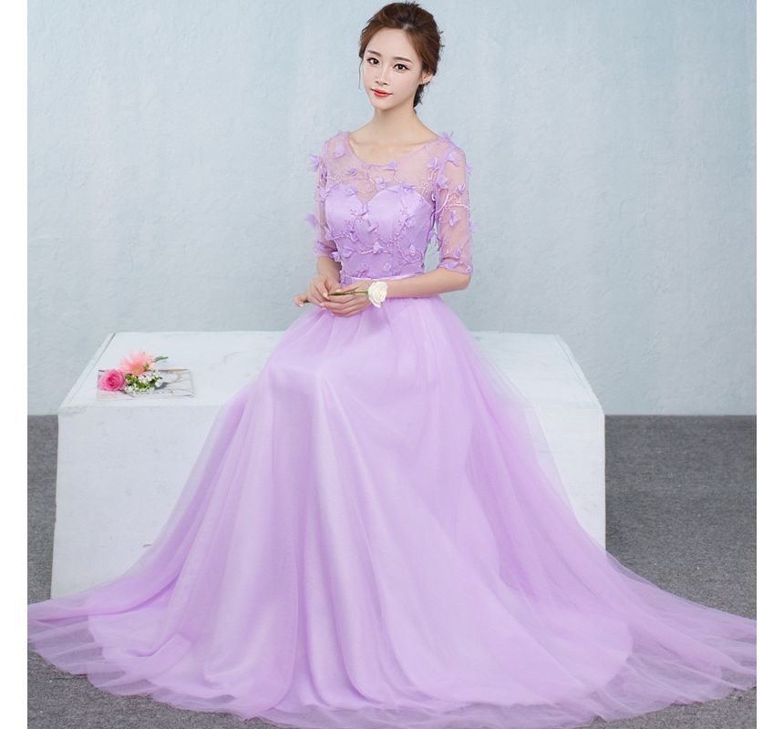 Elbow-Sleeve Mesh Panel Maxi A-Line Bridesmaid Dress