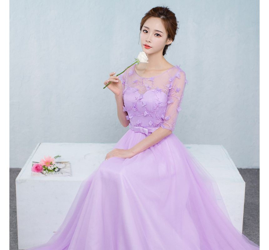 Elbow-Sleeve Mesh Panel Maxi A-Line Bridesmaid Dress