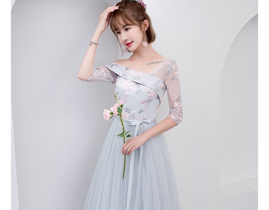 One-Shoulder Floral Embroidered A-Line Bridesmaid Dress