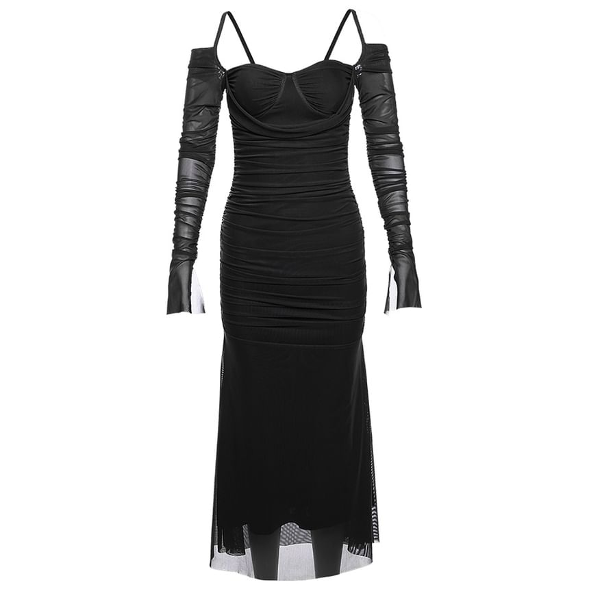 Long-Sleeve Cold Shoulder Plain Ruched Midi Sheath Dress