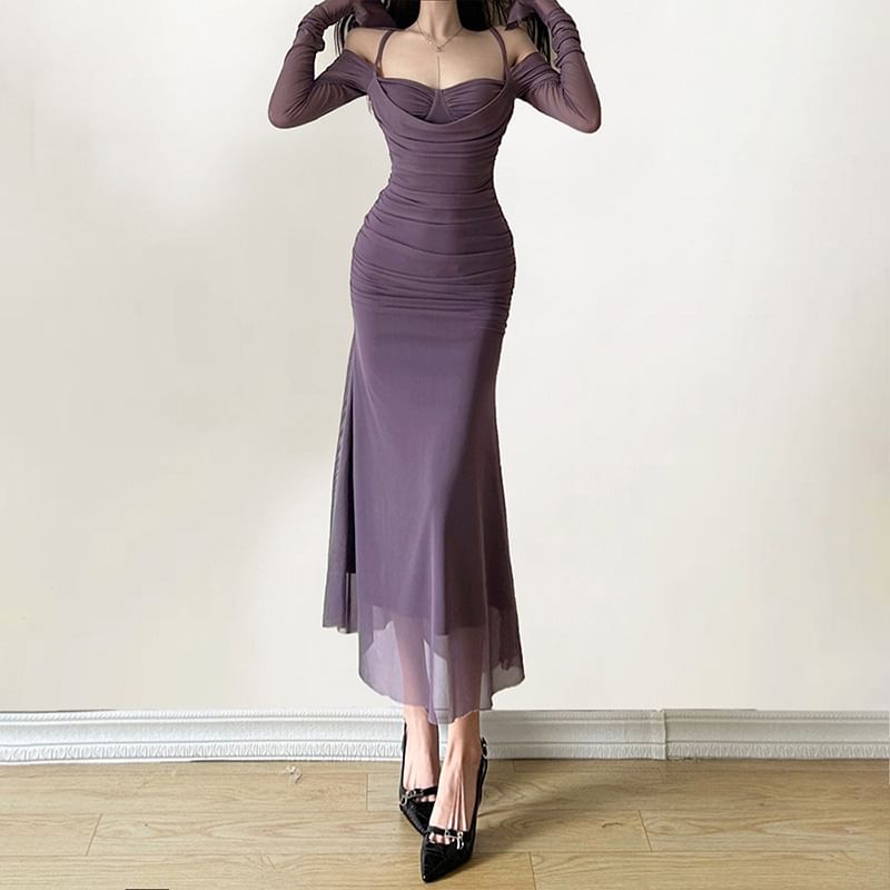 Long-Sleeve Cold Shoulder Plain Ruched Midi Sheath Dress