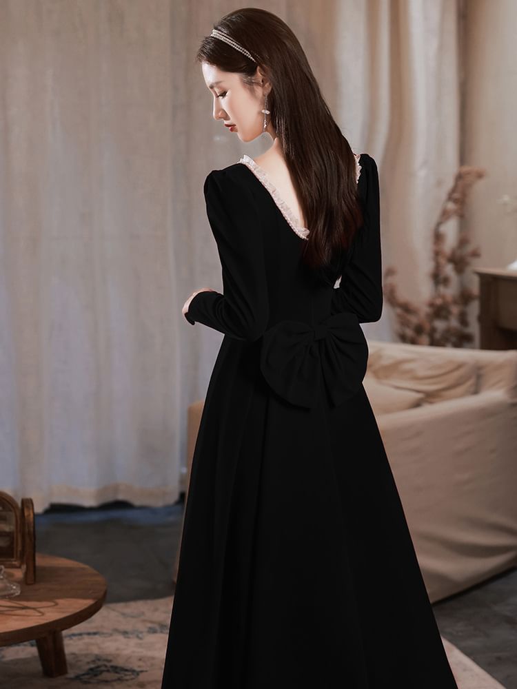 Long-Sleeve Square Neck Plain A-Line Evening Gown / Dress (Various Designs)