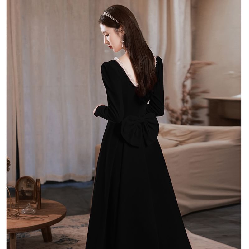 Long-Sleeve Square Neck Plain A-Line Evening Gown / Dress (Various Designs)
