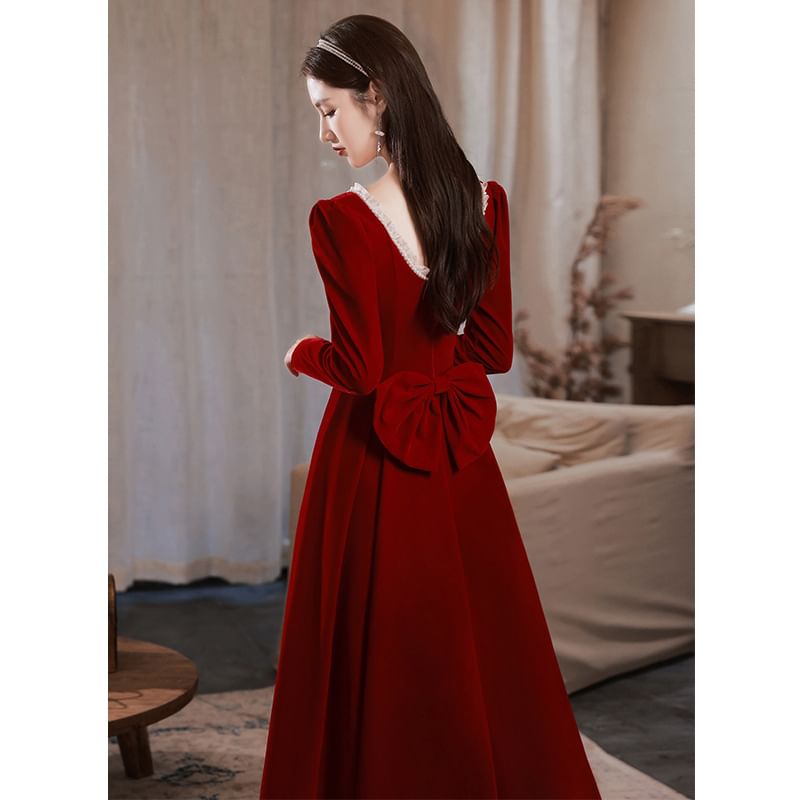 Long-Sleeve Square Neck Plain A-Line Evening Gown / Dress (Various Designs)