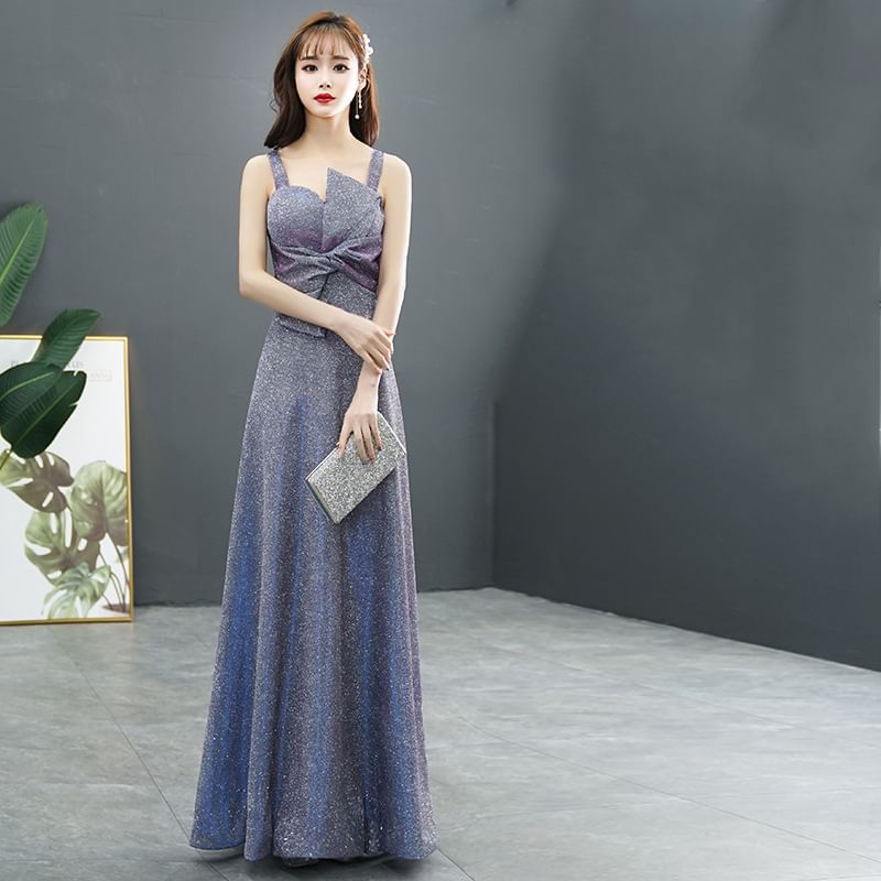 Wide Strap Plain Asymmetrical Knotted A-Line Evening Gown