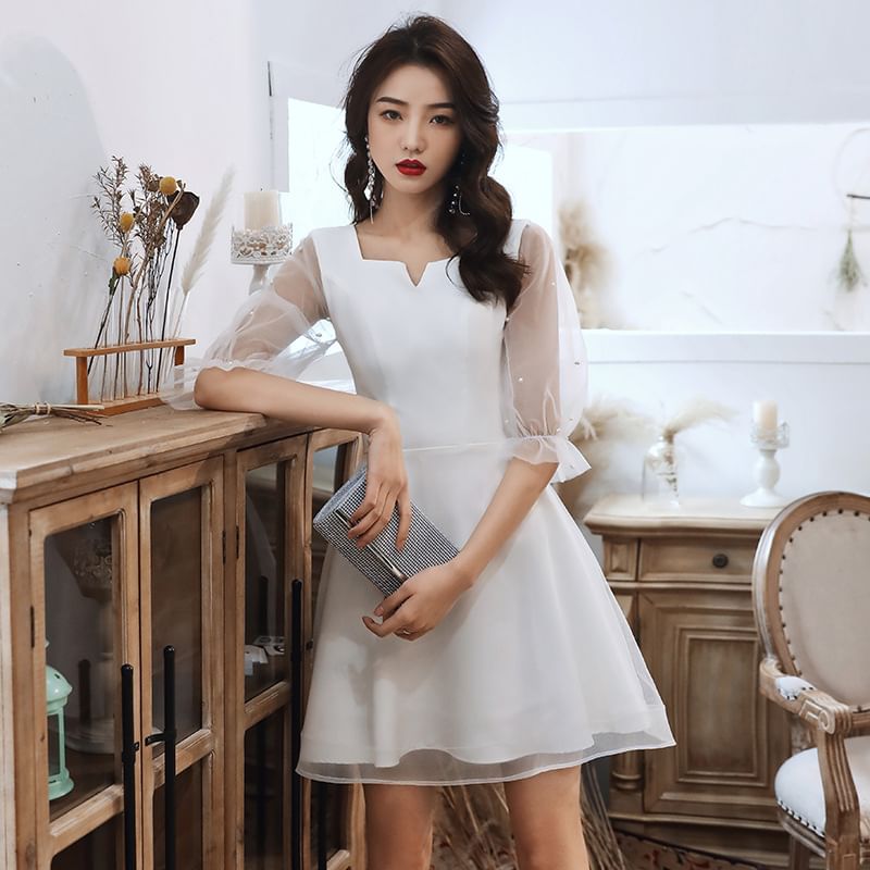 Puff-Sleeve Square-Neck Paneled Faux Pearl A-Line Mesh Cocktail Dress / Evening Gown