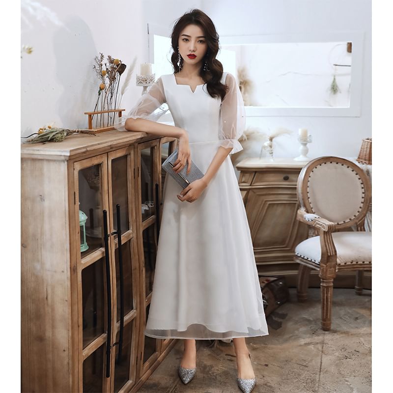 Puff-Sleeve Square-Neck Paneled Faux Pearl A-Line Mesh Cocktail Dress / Evening Gown