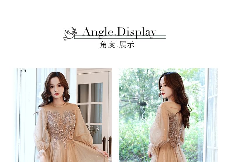Long-Sleeve Sequin Mesh A-Line Evening Gown / Dress