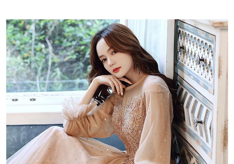 Long-Sleeve Sequin Mesh A-Line Evening Gown / Dress