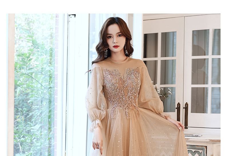 Long-Sleeve Sequin Mesh A-Line Evening Gown / Dress