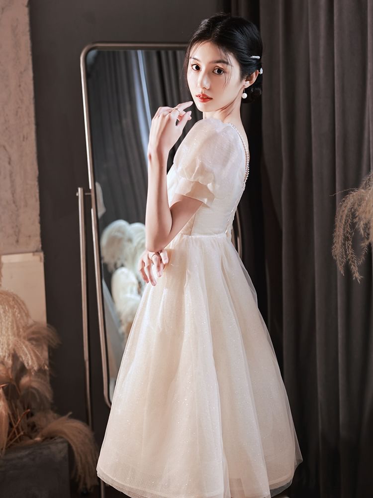 Short-Sleeve V-Neck Glitter A-Line Evening Gown / Party Dress