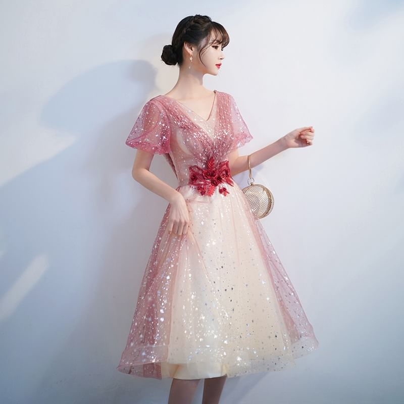 Short-Sleeve V-Neck Glitter A-Line Party Dress (Various Designs)