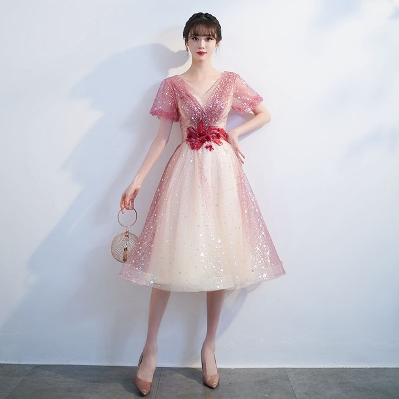 Short-Sleeve V-Neck Glitter A-Line Party Dress (Various Designs)