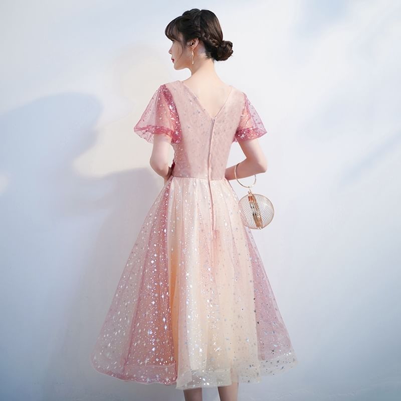 Short-Sleeve V-Neck Glitter A-Line Party Dress (Various Designs)