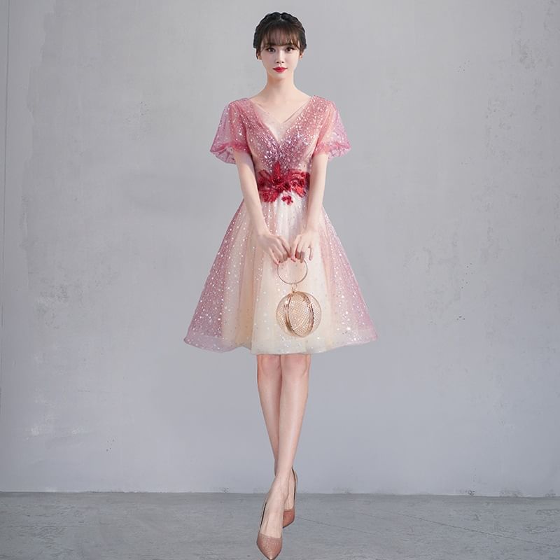 Short-Sleeve V-Neck Glitter A-Line Party Dress (Various Designs)