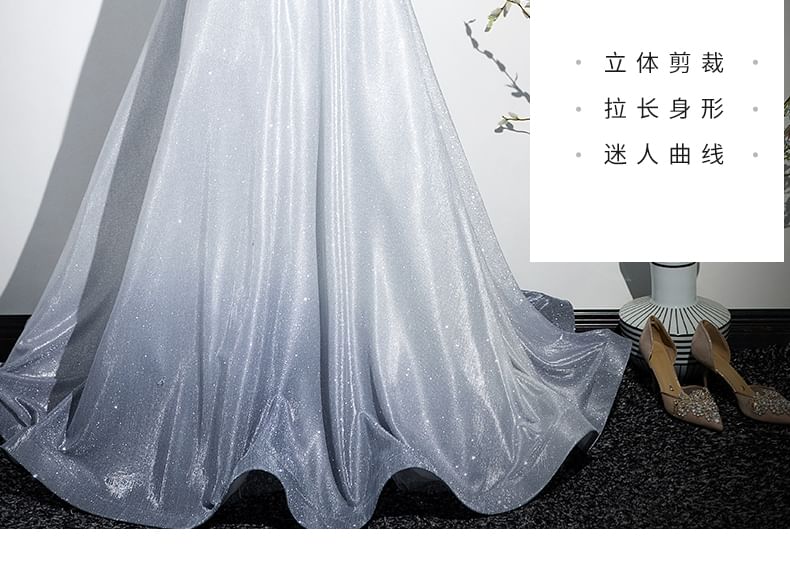 Short-Sleeve Square Neck Gradient A-Line Evening Gown