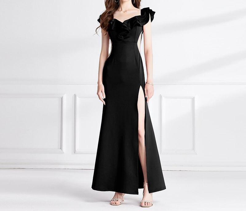 Short-Sleeve Plain Ruffle Side-Slit Mermaid Evening Gown