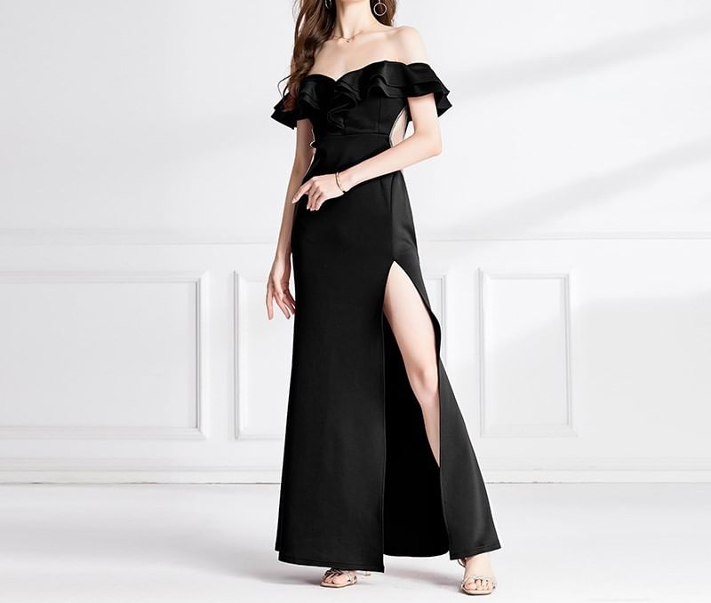 Short-Sleeve Plain Ruffle Side-Slit Mermaid Evening Gown