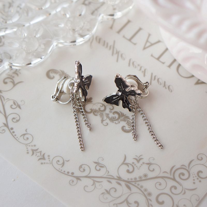 / Clip Enamel Butterfly Drop On Earring