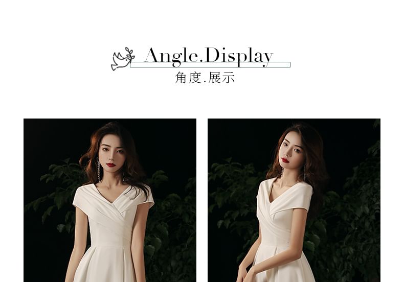 Short-Sleeve V-Neck Plain A-Line Evening Gown / Midi Cocktail Dress