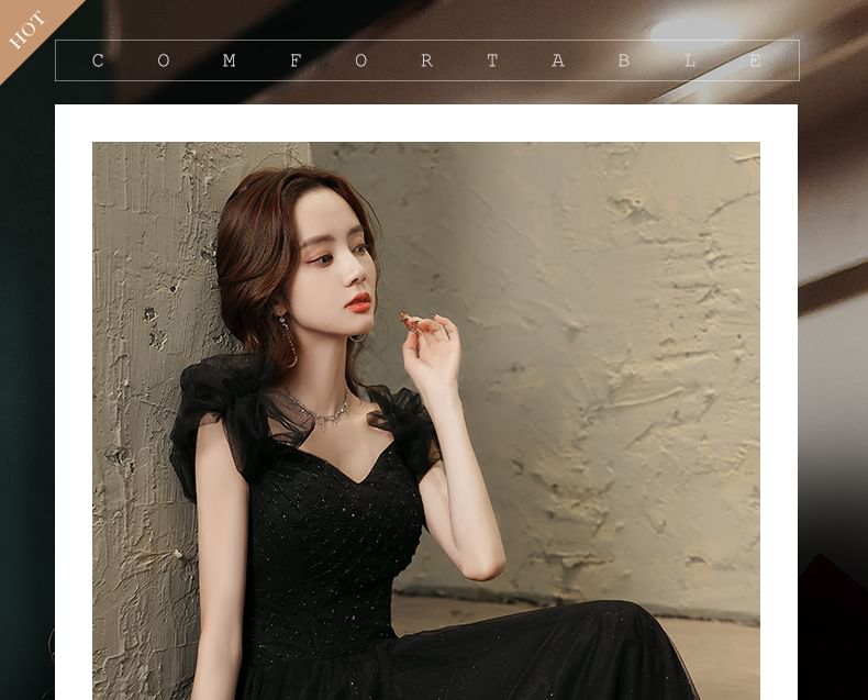 Short-Sleeve V-Neck Mesh A-Line Evening Gown