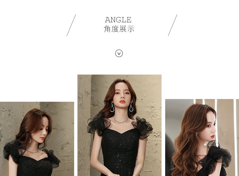 Short-Sleeve V-Neck Mesh A-Line Evening Gown