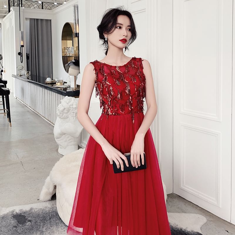 Sleeveless Plaid Fringed Trim Midi A-Line Dress