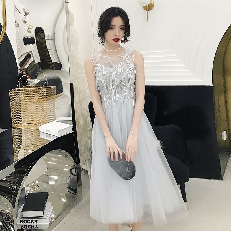 Sleeveless Plaid Fringed Trim Midi A-Line Dress