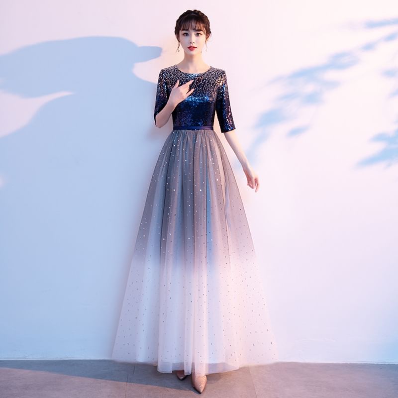 Elbow-Sleeve Gradient Sequin A-Line Evening Gown