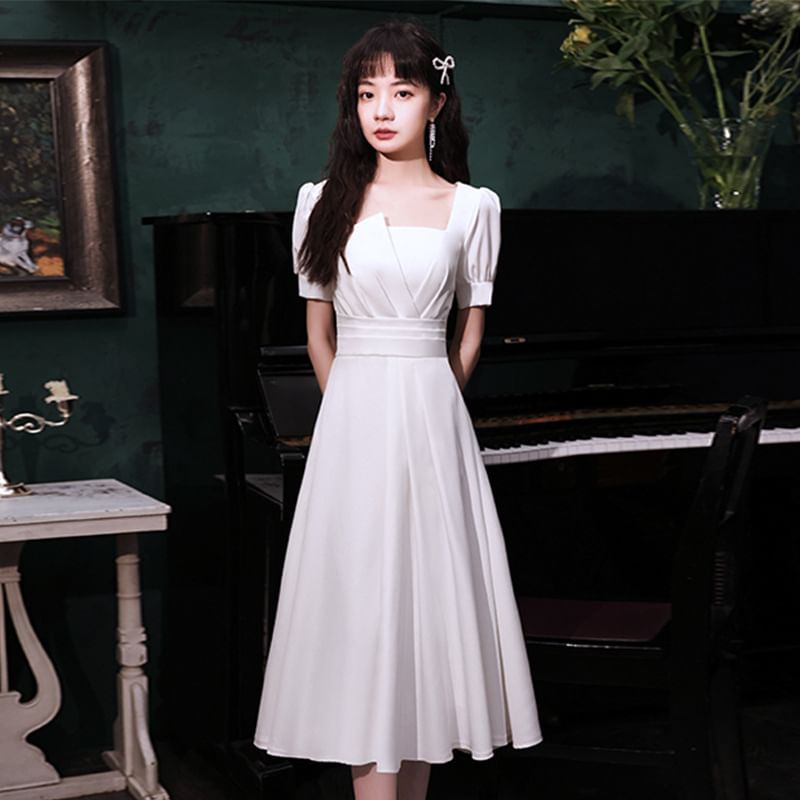 Puff-Sleeve Square Neck Plain Ruched A-Line Dress / Midi Dress