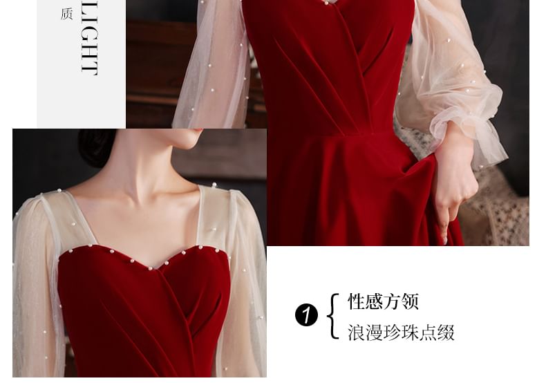 Puff-Sleeve Plain Faux Pearl A-Line Evening Gown / Midi Dress