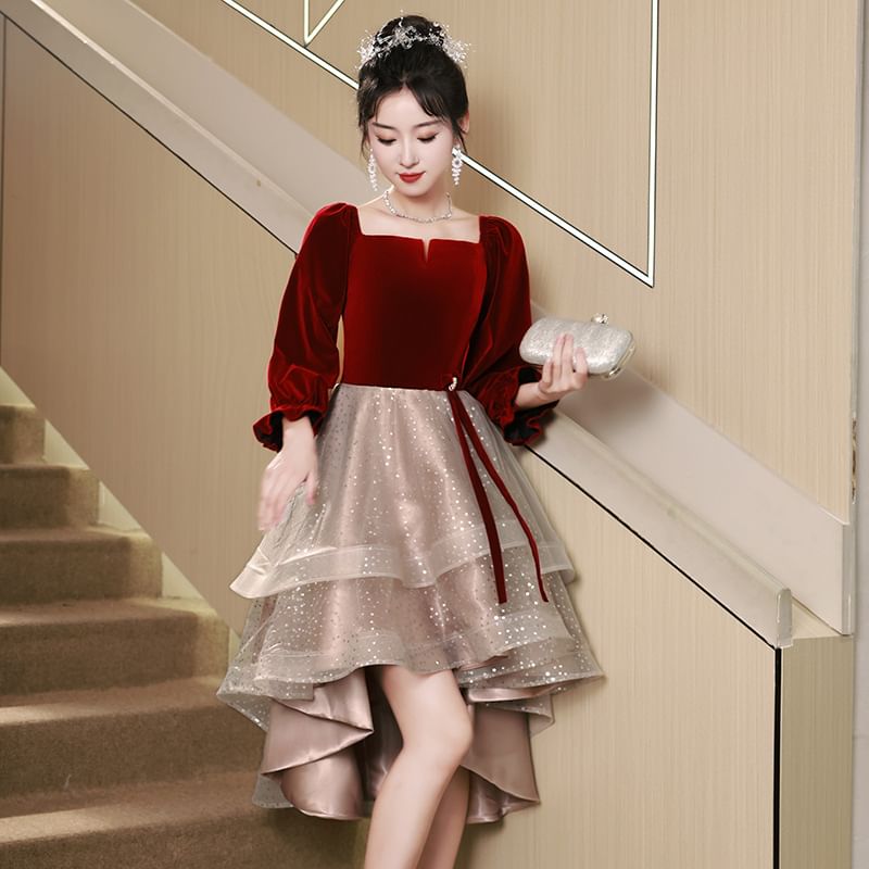 Puff-Sleeve Sequin A-Line Cocktail Dress / Evening Gown