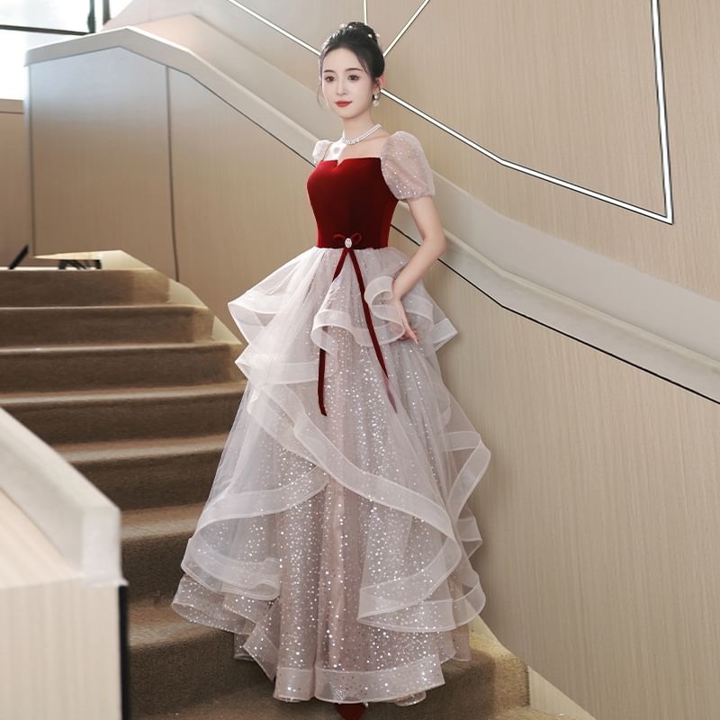 Puff-Sleeve Sequin A-Line Cocktail Dress / Evening Gown