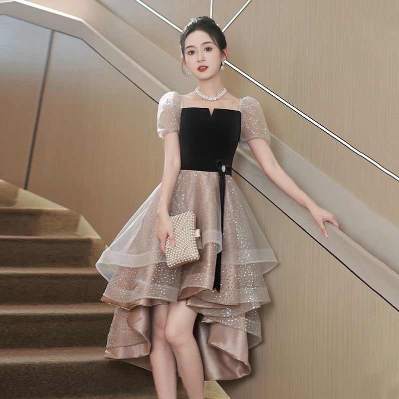 Puff-Sleeve Sequin A-Line Cocktail Dress / Evening Gown