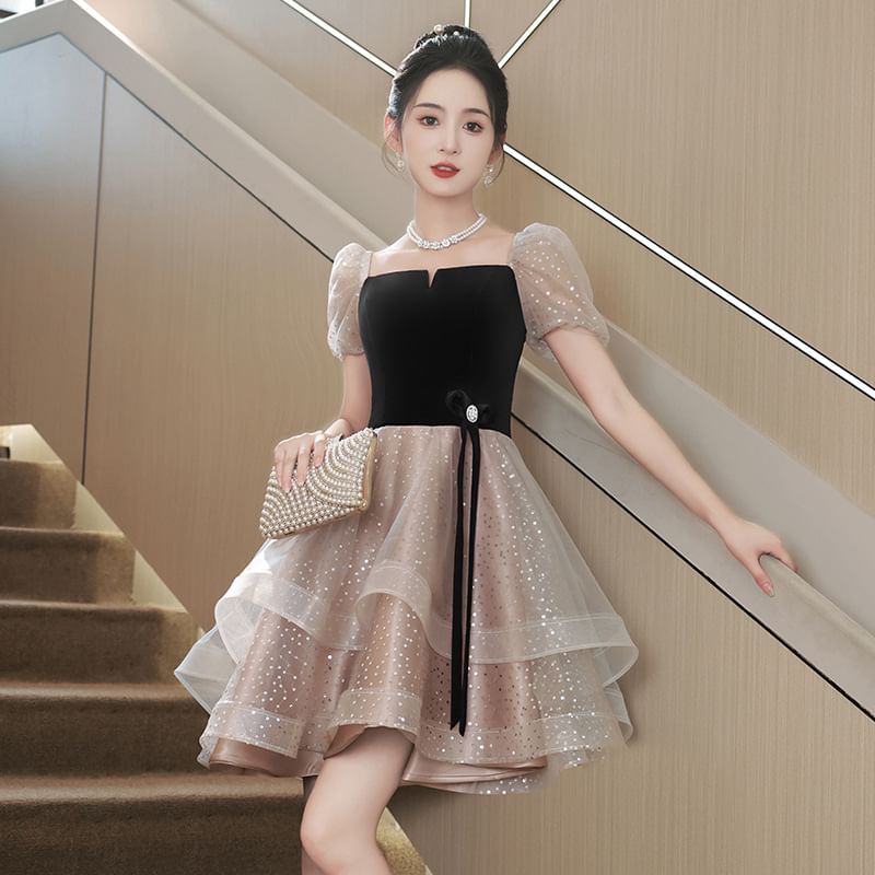 Puff-Sleeve Sequin A-Line Cocktail Dress / Evening Gown