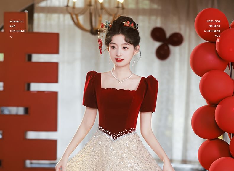 Short-Sleeve Square Neck Sequin Panel A-Line Evening Gown