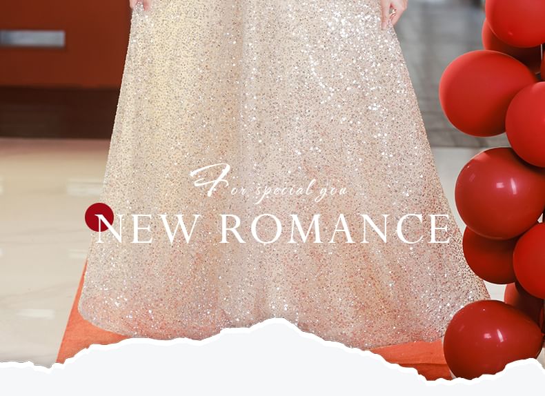 Short-Sleeve Square Neck Sequin Panel A-Line Evening Gown