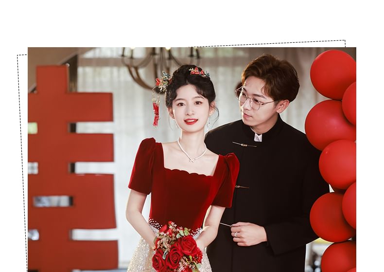 Short-Sleeve Square Neck Sequin Panel A-Line Evening Gown