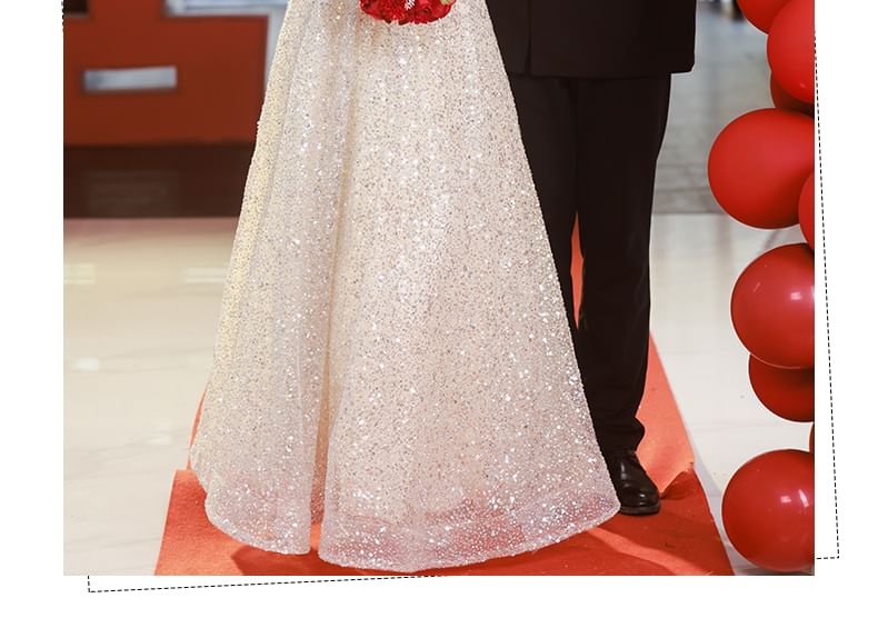 Short-Sleeve Square Neck Sequin Panel A-Line Evening Gown