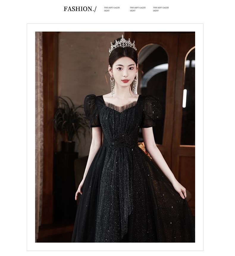 Short-Sleeve Plain Sequin A-Line Evening Gown