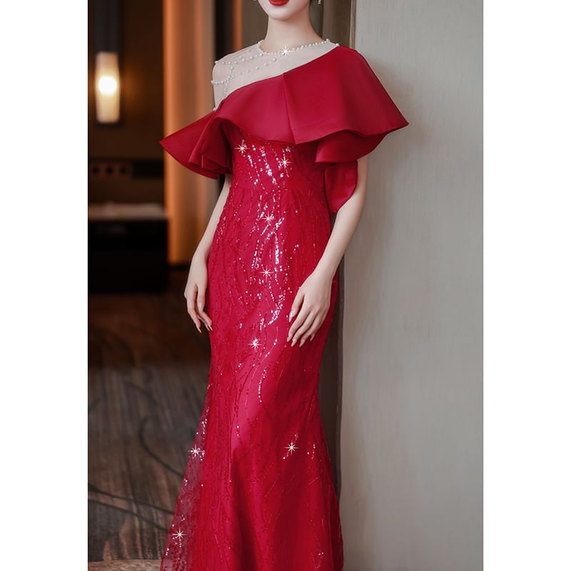 Short-Sleeve Ruffle Trim Beaded Sequin Mermaid Evening Gown