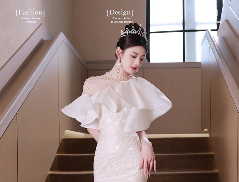 Short-Sleeve Ruffle Trim Beaded Sequin Mermaid Evening Gown