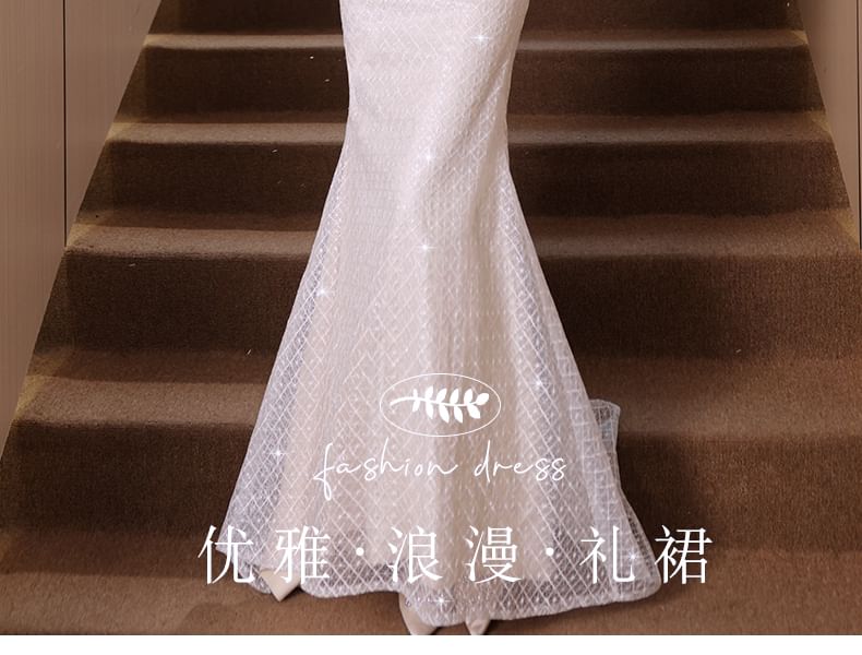 Short-Sleeve Ruffle Trim Beaded Sequin Mermaid Evening Gown