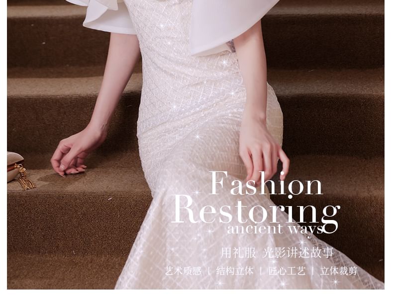 Short-Sleeve Ruffle Trim Beaded Sequin Mermaid Evening Gown